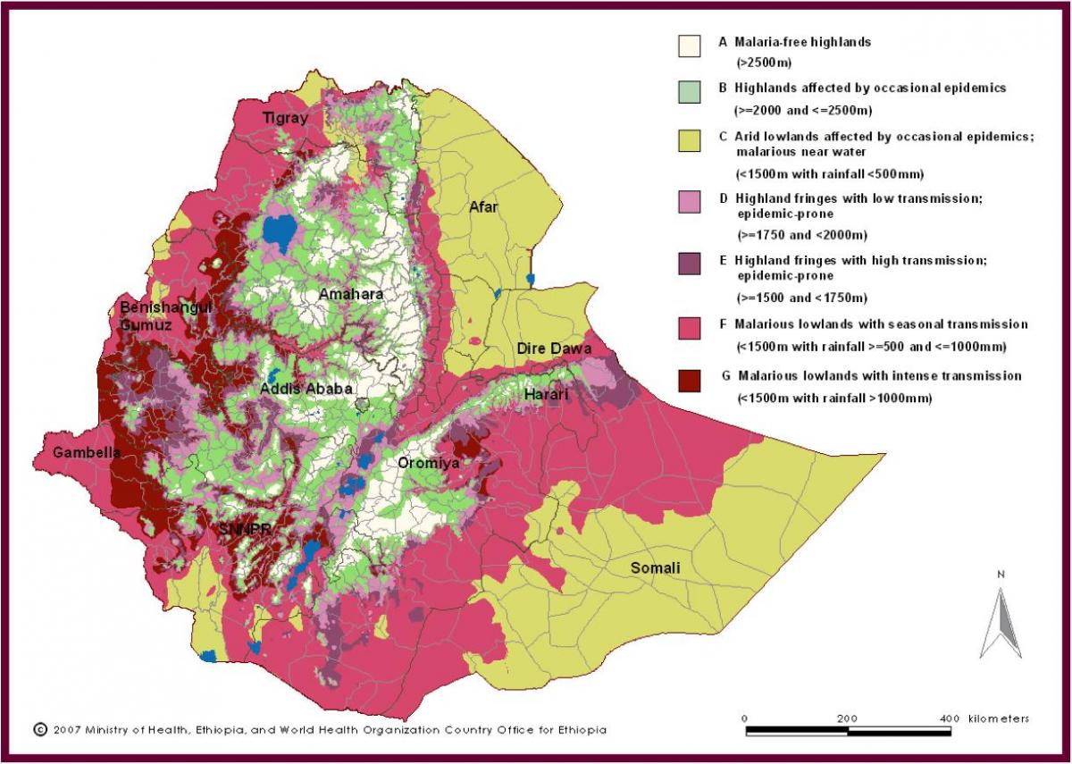 karte Etiopija malāriju