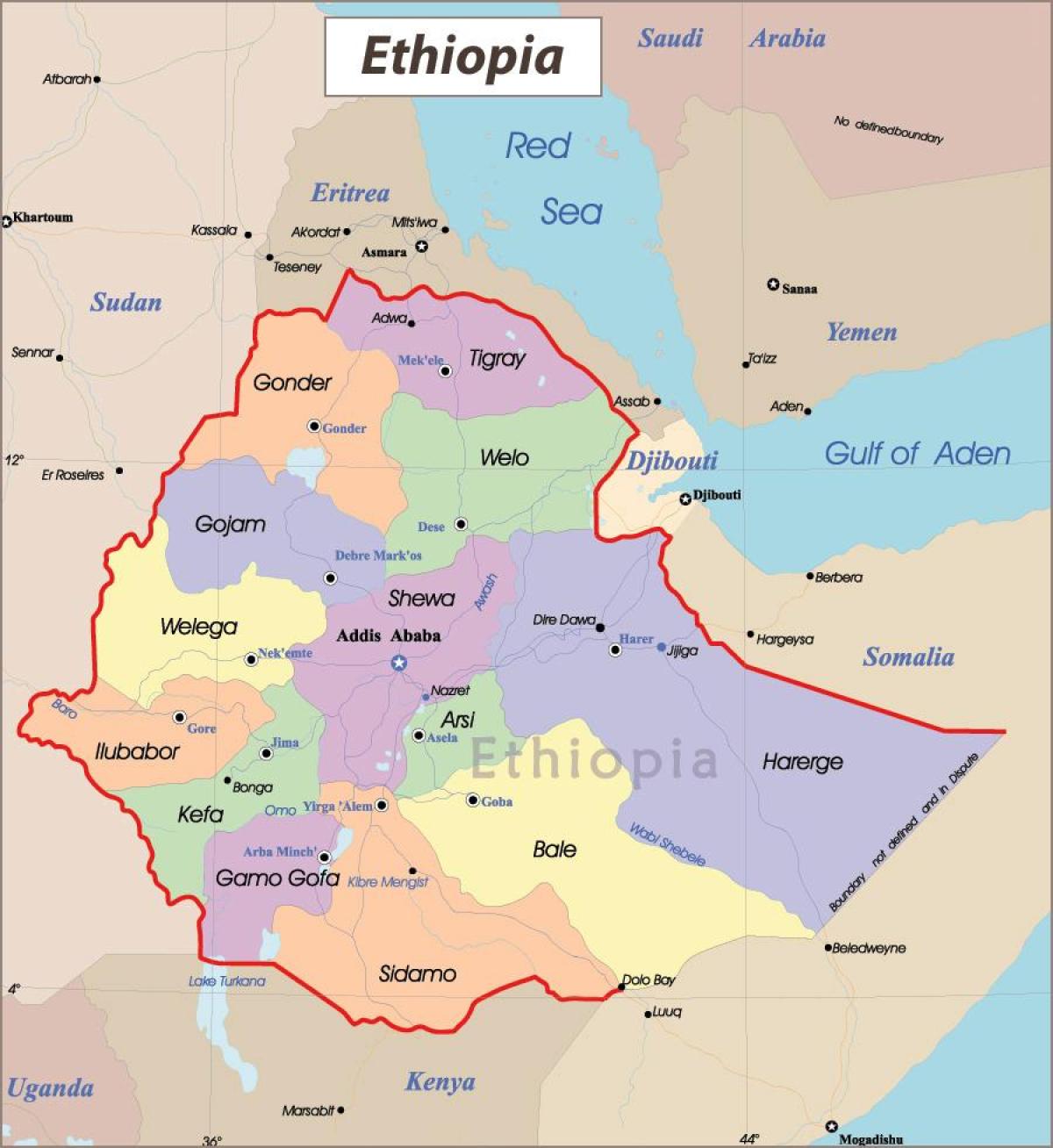 Etiopija kartē ar pilsētām